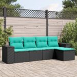 Salon de jardin 5 pcs avec coussins noir résine tressée