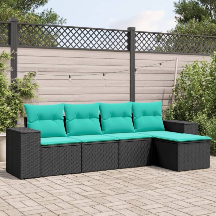 Salon de jardin 5 pcs avec coussins noir résine tressée – Image 1