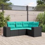 Salon de jardin 4 pcs avec coussins noir résine tressée