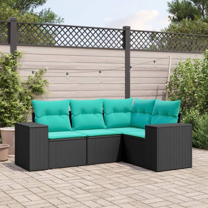Salon de jardin 4 pcs avec coussins noir résine tressée – Image 1