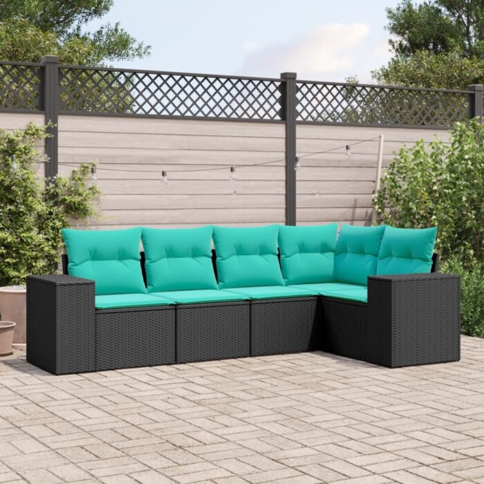 Salon de jardin 5 pcs avec coussins noir résine tressée – Image 1