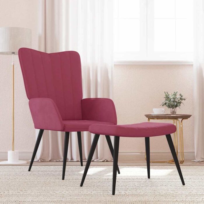 Chaise de relaxation avec tabouret Rouge bordeaux Velours – Image 1