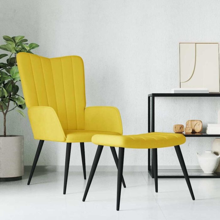 Chaise de relaxation avec tabouret Jaune moutarde Velours – Image 1