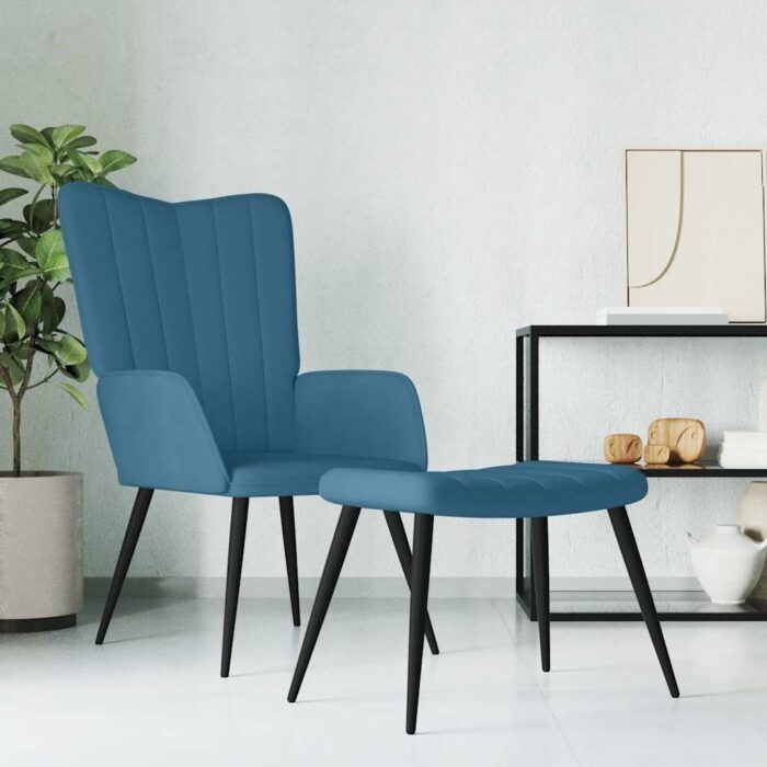 Chaise de relaxation avec tabouret Bleu Velours – Image 1