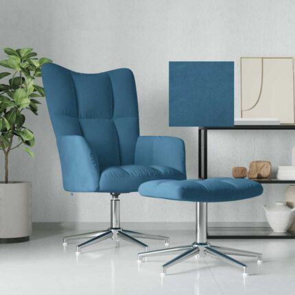 Chaise de relaxation avec tabouret Bleu Velours