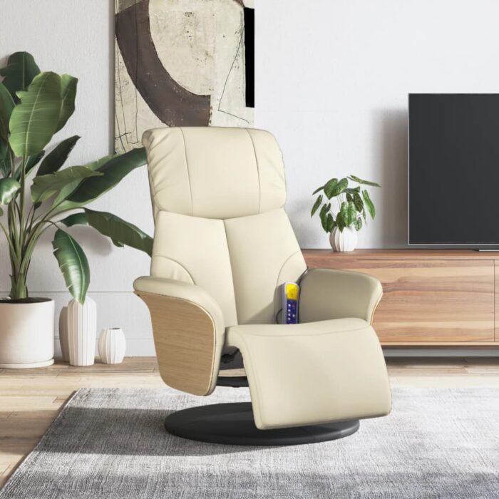 Fauteuil inclinable de massage et repose-pieds crème similicuir – Image 1