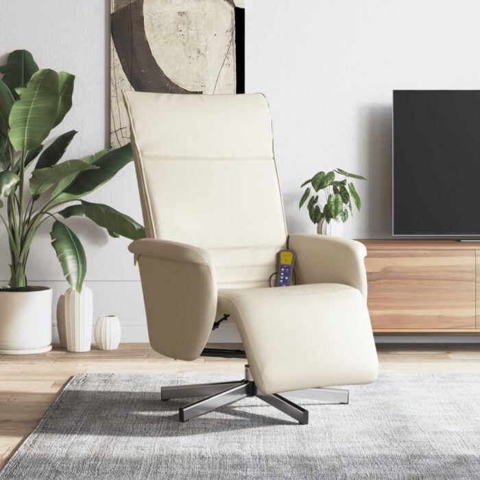 Fauteuil inclinable de massage et repose-pieds crème similicuir – Image 1