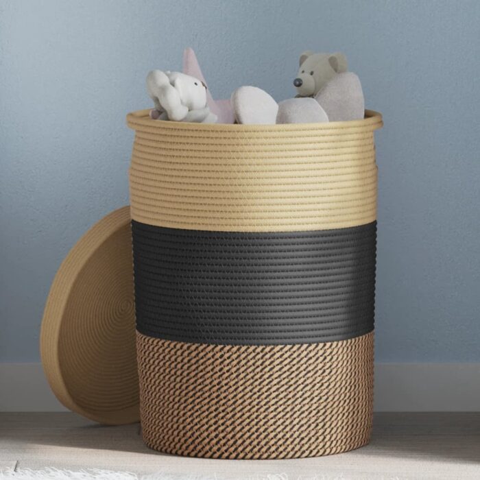 Panier de rangement avec couvercle noir et beige Ø37x50cm coton – Image 1