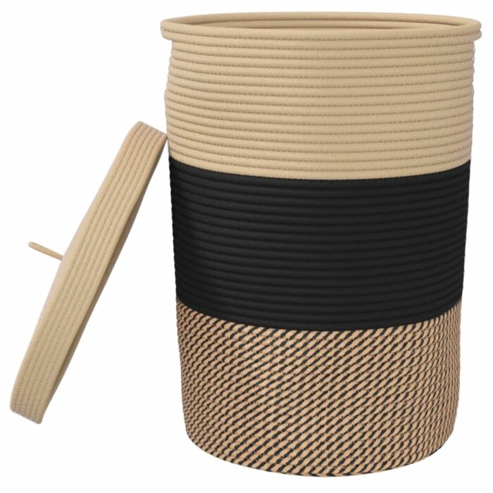 Panier de rangement avec couvercle noir et beige Ø37x50cm coton – Image 2