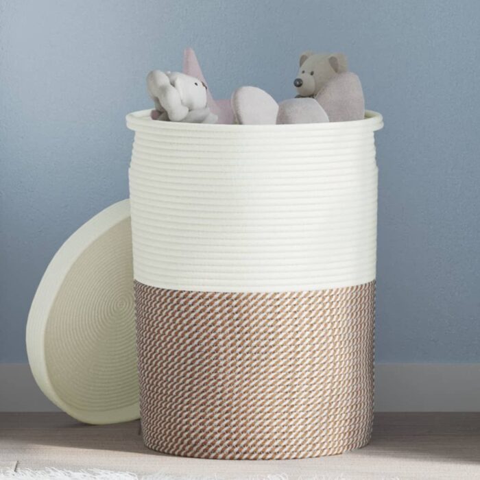 Panier de rangement et couvercle marron et blanc Ø37x50cm coton – Image 1