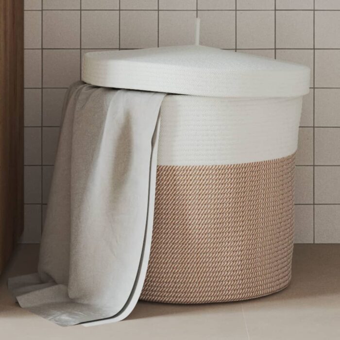 Panier de rangement et couvercle marron et blanc Ø40x35cm coton – Image 1