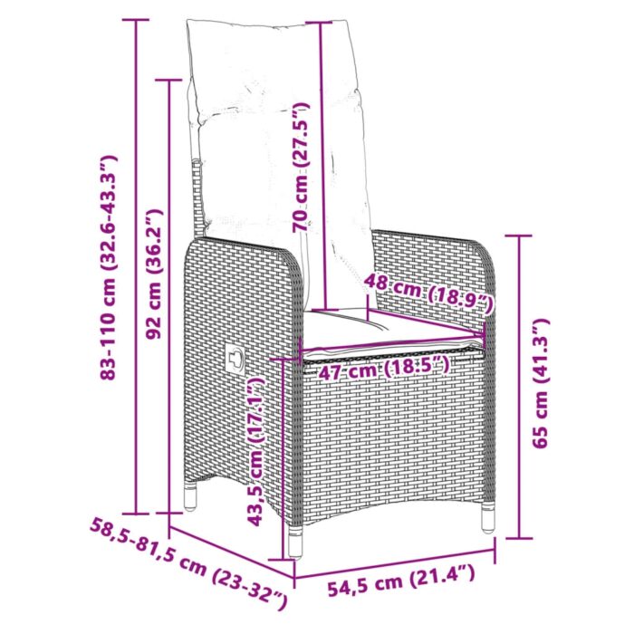Lot de 2 chaises de jardin inclinables avec coussins en résine tressée grise – Image 7