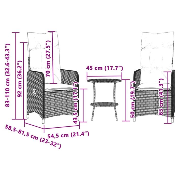 Lot de 2 chaises de jardin inclinables avec Table en résine tressée grise – Image 9