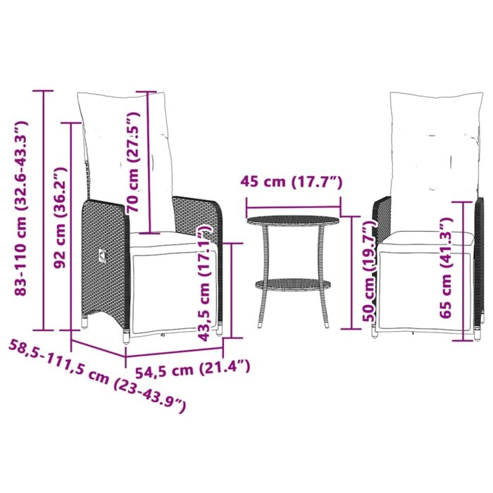 Lot de 2 chaises de jardin inclinables avec Table en résine tressée grise – Image 9