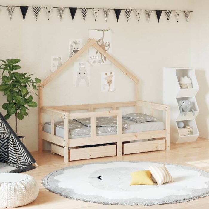 Cadre de lit enfant avec tiroirs 70x140 cm bois de pin massif – Image 1