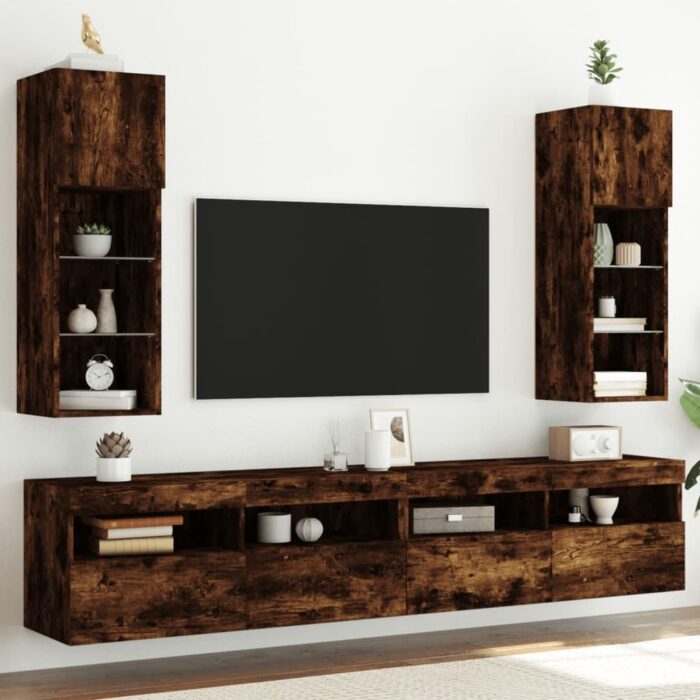 Meubles TV avec lumières LED 2 pcs chêne fumé 30,5x30x90 cm – Image 1