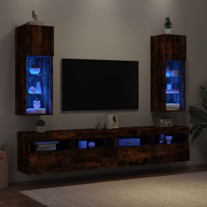 Meubles TV avec lumières LED 2 pcs chêne fumé 30,5x30x90 cm – Image 2