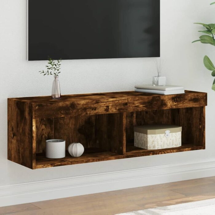 Meuble TV avec lumières LED chêne fumé 100x30x30 cm – Image 1