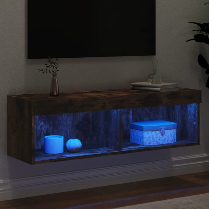 Meuble TV avec lumières LED chêne fumé 100x30x30 cm – Image 2