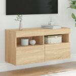 Meuble TV mural avec lumières LED chêne sonoma 80x30x40 cm