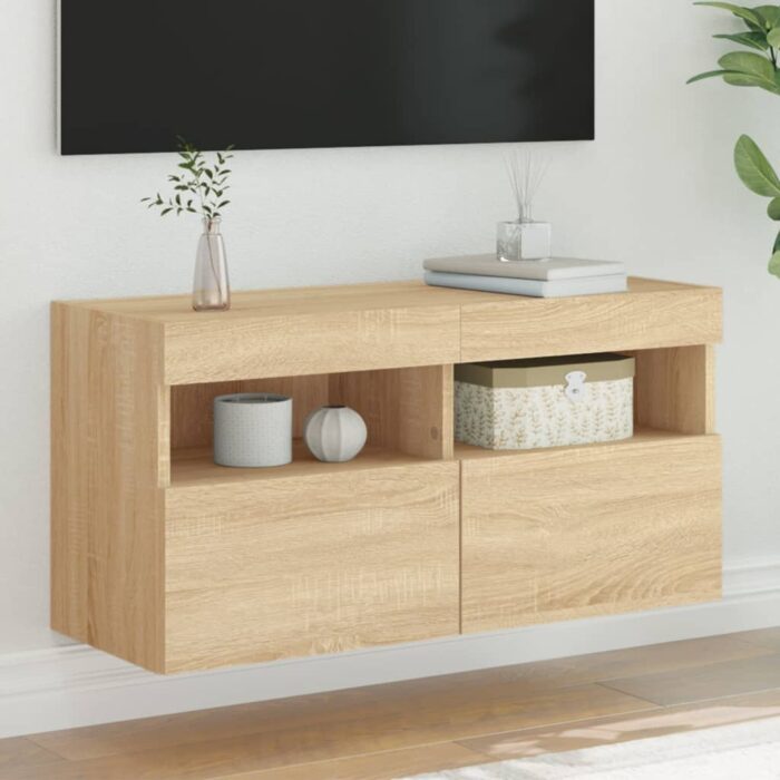Meuble TV mural avec lumières LED chêne sonoma 80x30x40 cm – Image 1
