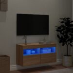 Meuble TV mural avec lumières LED chêne sonoma 80x30x40 cm – Image 2
