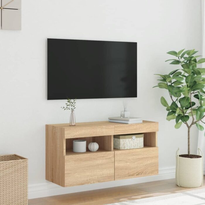 Meuble TV mural avec lumières LED chêne sonoma 80x30x40 cm – Image 3