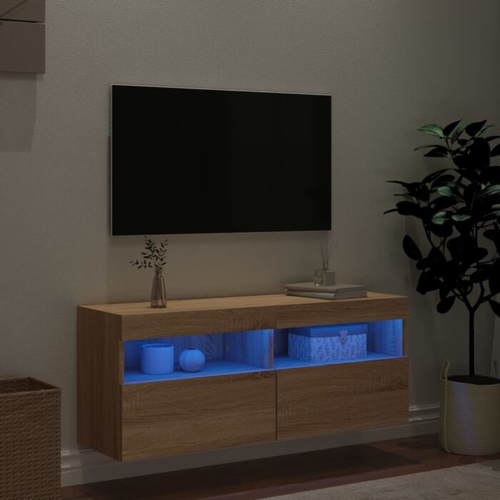 Meuble TV mural avec lumières LED chêne sonoma 100x30x40 cm – Image 2