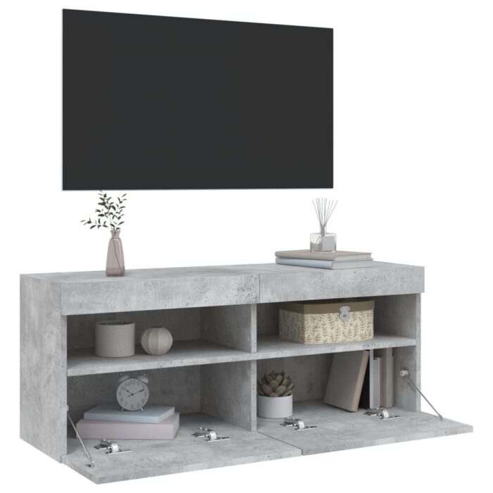 Meuble TV mural avec lumières LED gris béton 100x30x40 cm – Image 5