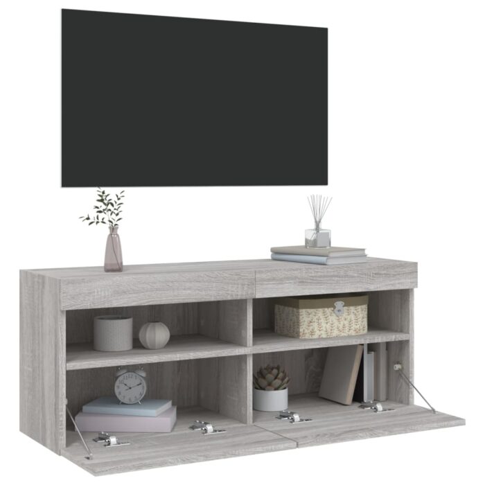 Meuble TV mural avec lumières LED sonoma gris 100x30x40 cm – Image 5