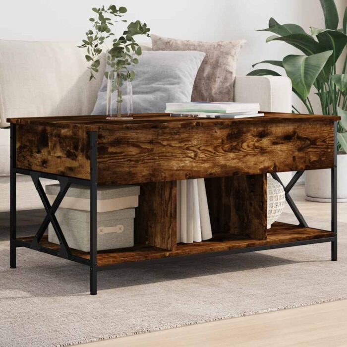 Table basse chêne fumé 100x55x50 cm bois d'ingénierie et métal – Image 1