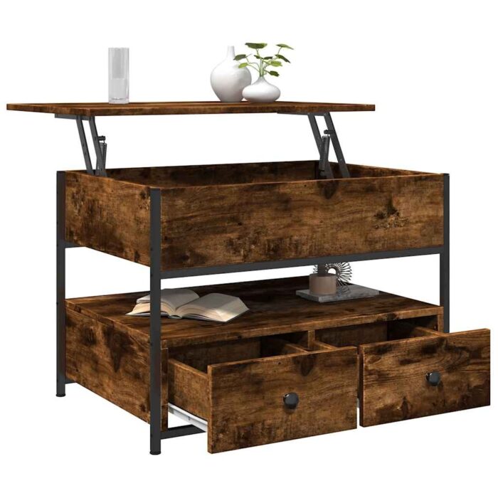 Table basse chêne fumé 70x50x50 cm bois d'ingénierie et métal – Image 2