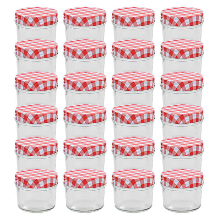 24 pcs Pots à confiture Couvercles blanc et rouge Verre 110 ml – Image 1
