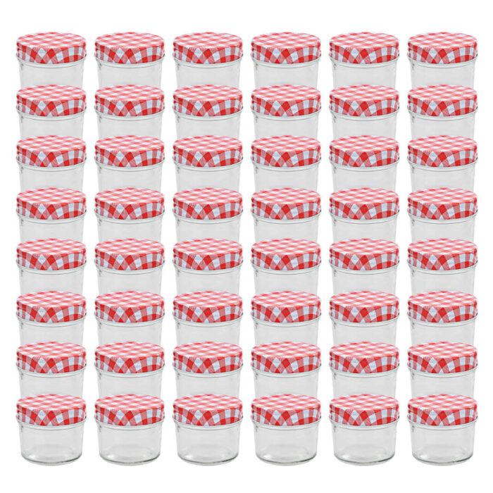 48 pcs Pots à confiture Couvercles blanc et rouge Verre 110 ml – Image 1