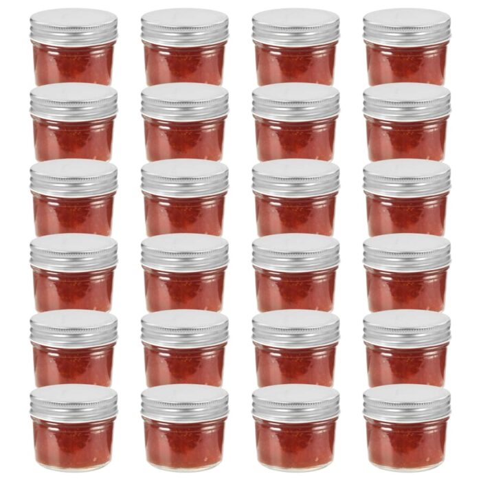 24 pcs Pots à confiture avec couvercles argentés Verre 110 ml – Image 1