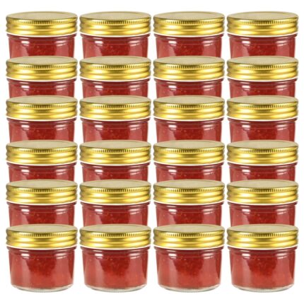 24 pcs Pots à confiture avec couvercles dorés Verre 110 ml