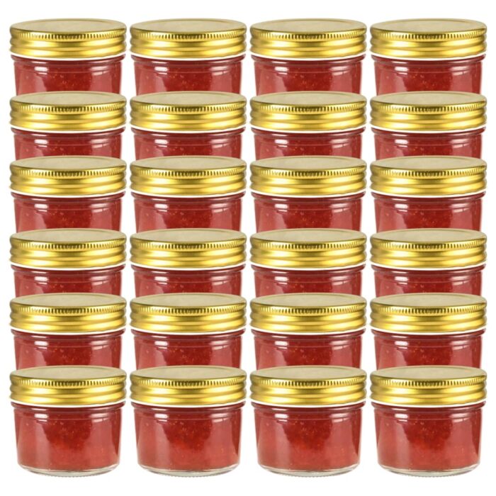 24 pcs Pots à confiture avec couvercles dorés Verre 110 ml – Image 1