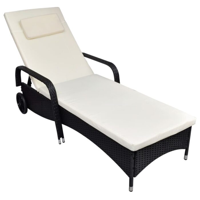 Chaise longue avec coussin et roues Résine tressée Noir – Image 1