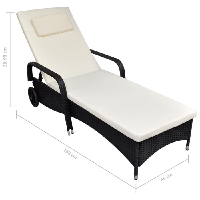 Chaise longue avec coussin et roues Résine tressée Noir – Image 3