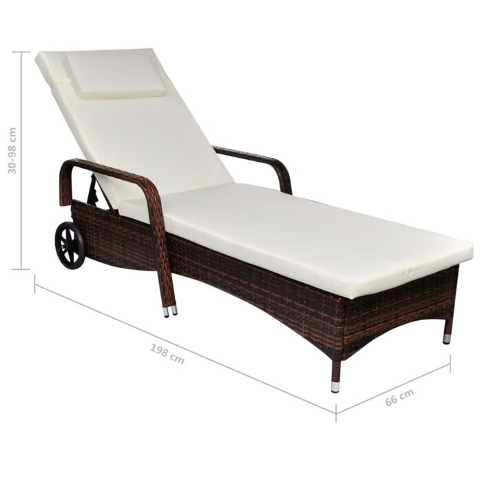 Chaise longue avec coussin et roues Résine tressée Marron – Image 2