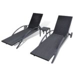 Chaises longues avec table Résine tressée Noir – Image 3