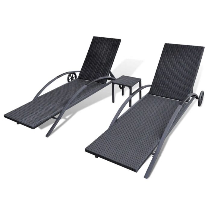 Chaises longues avec table Résine tressée Noir – Image 3