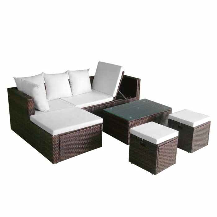 Salon de jardin 4 pcs avec coussins Résine tressée Marron – Image 2
