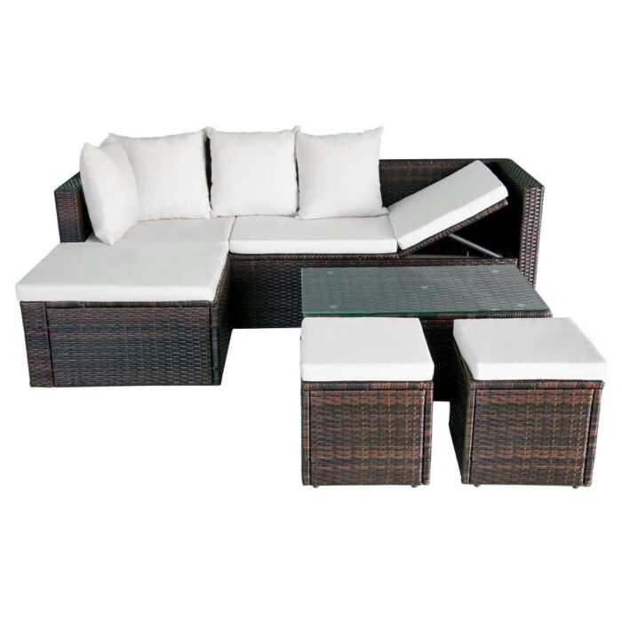Salon de jardin 4 pcs avec coussins Résine tressée Marron – Image 3