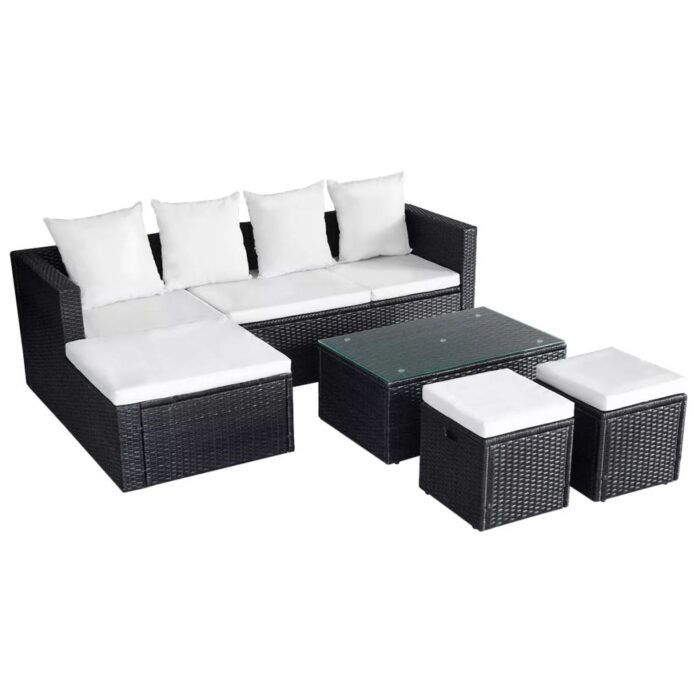 Salon de jardin 4 pcs avec coussins Résine tressée Noir – Image 2