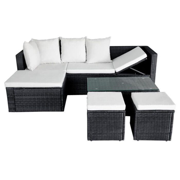 Salon de jardin 4 pcs avec coussins Résine tressée Noir – Image 3