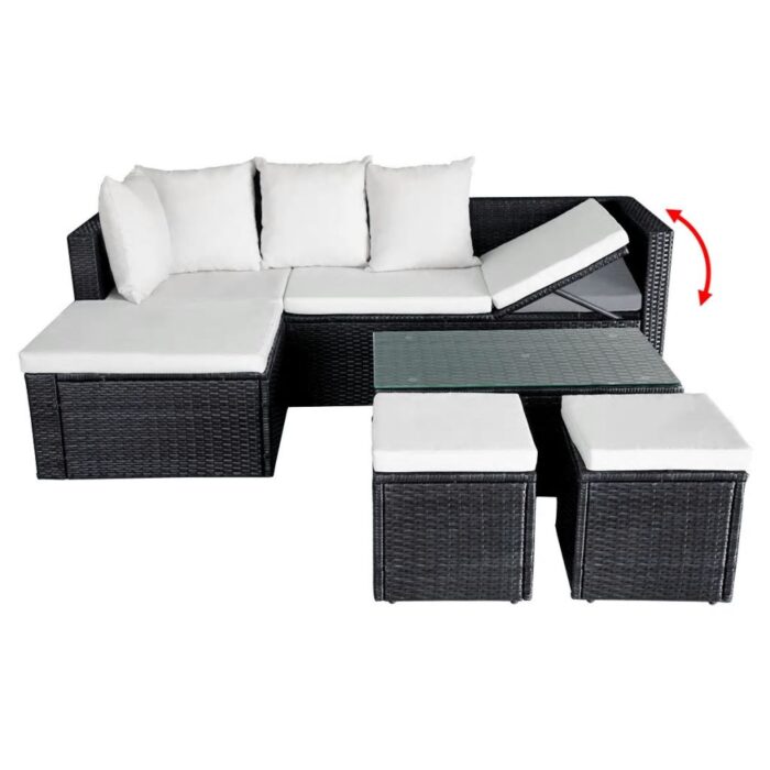 Salon de jardin 4 pcs avec coussins Résine tressée Noir – Image 4