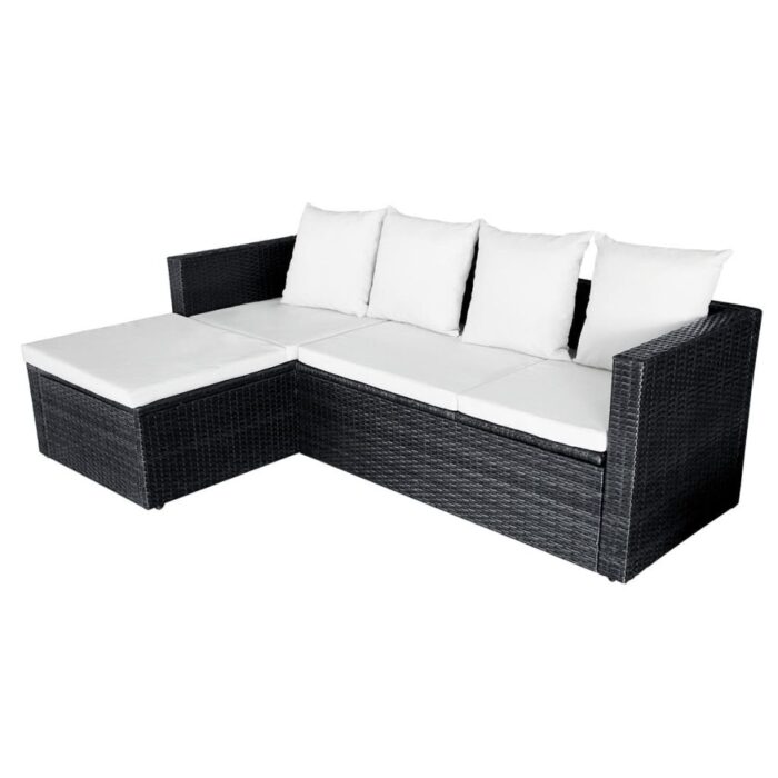 Salon de jardin 4 pcs avec coussins Résine tressée Noir – Image 6