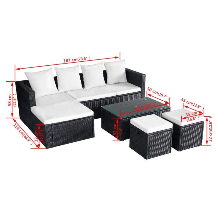 Salon de jardin 4 pcs avec coussins Résine tressée Noir – Image 9