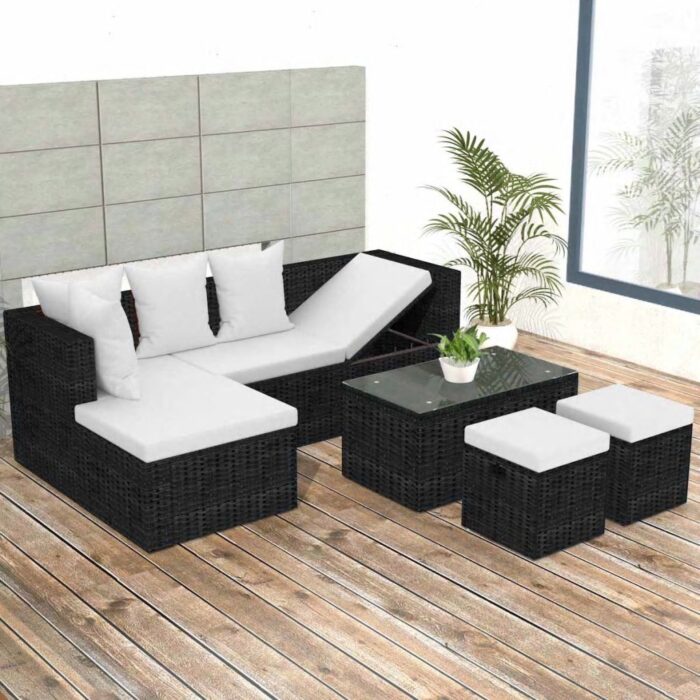 Salon de jardin 4 pcs avec coussins Résine tressée Noir – Image 1